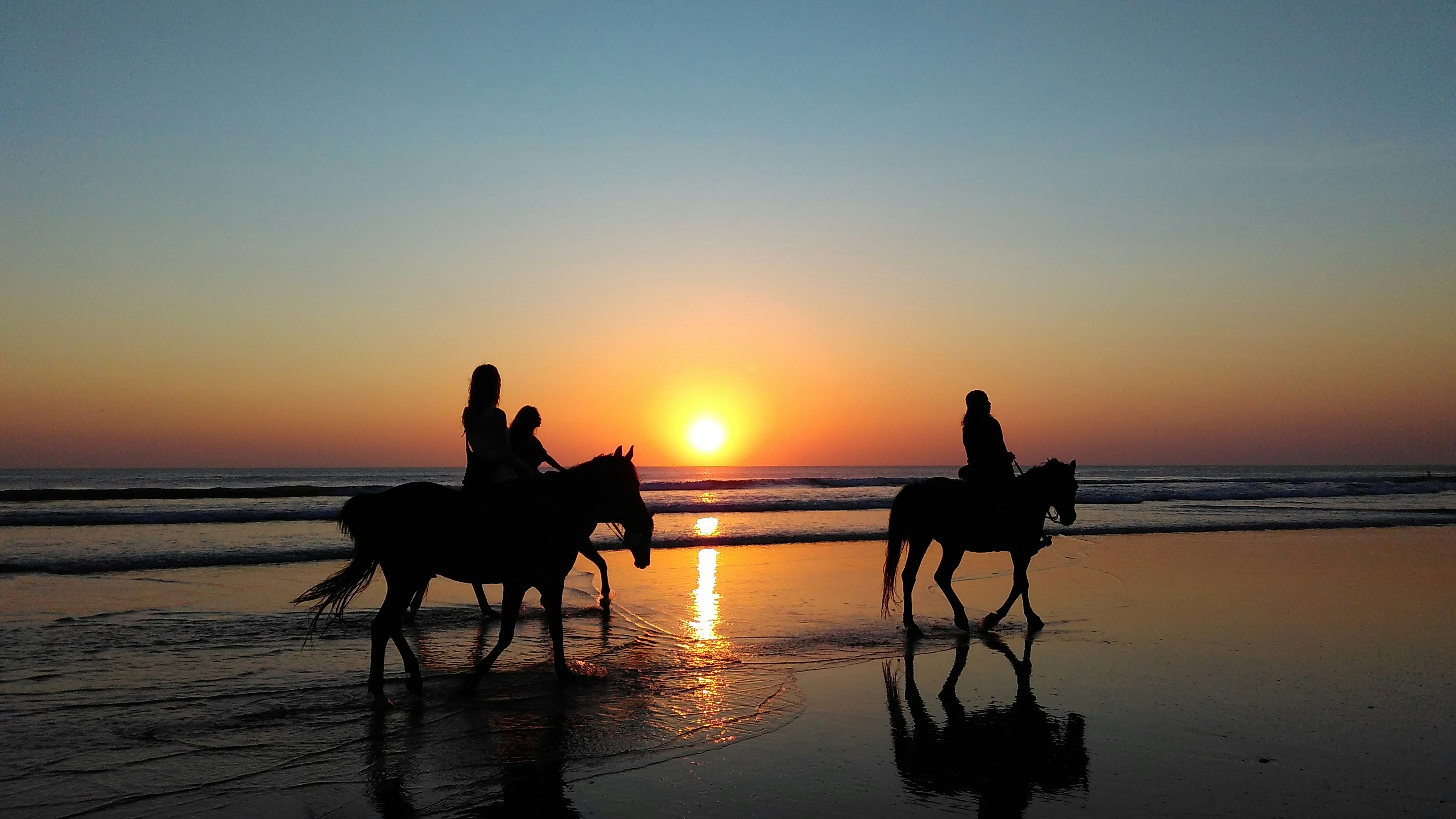 Silhouettes of riders on horses at sunset on a beach with reflective wet sand.