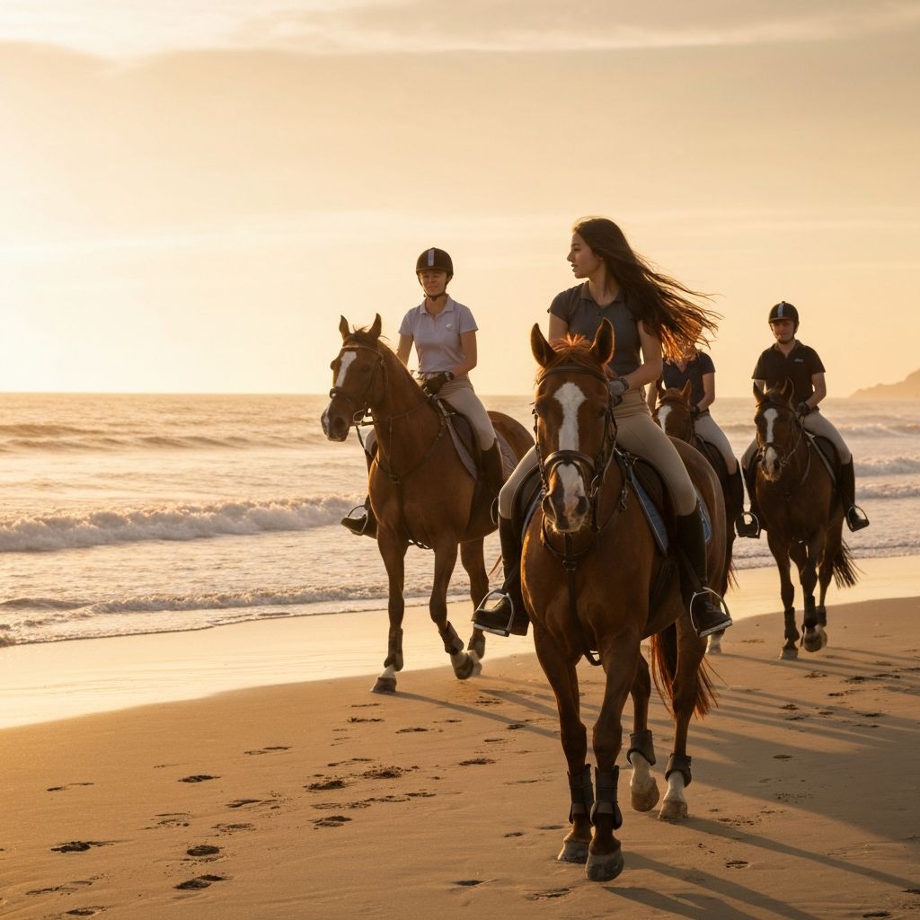 Riders on Spanish shore at sunset